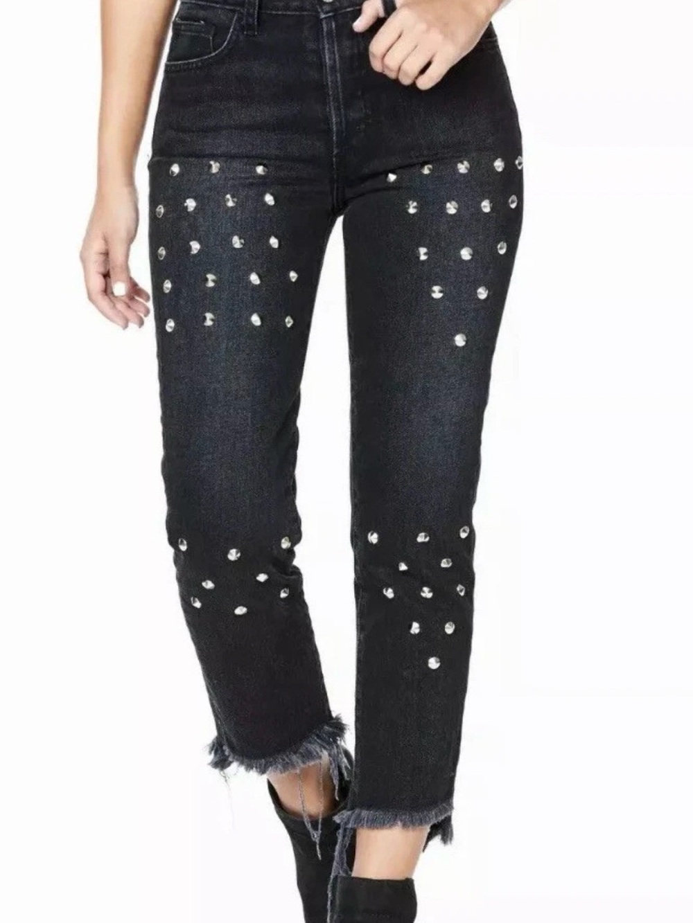 Carmar LF Sweetheart High-Ride Studded Raw Edge Hem Button Fly Black Jeans